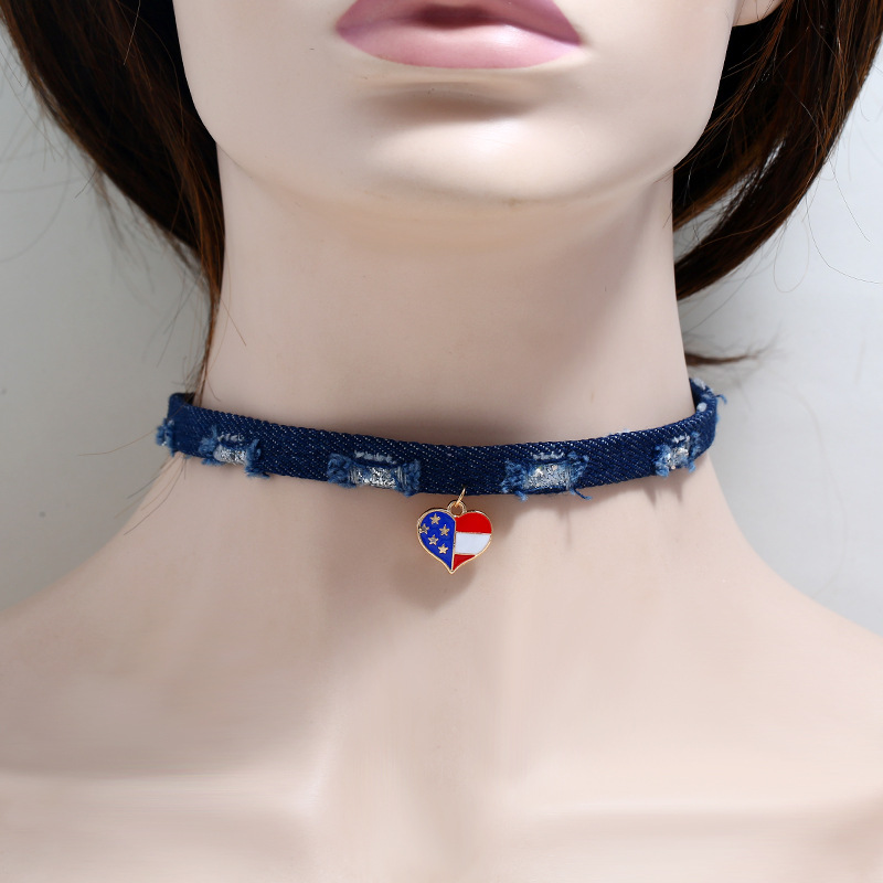  4th of July Independence Day Choker Necklace Jewelry Creative Punk Jean Painted USA Flag Star Heart Choker Neckla