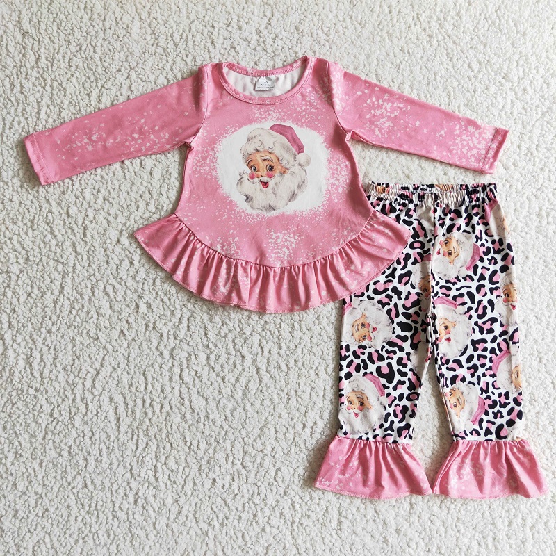 Fashion Fall Cute Baby Girls Santa Pink Long Sleeve Trousers Suit Boutique Children Clothing Outfit