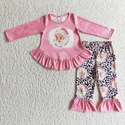 Fashion Fall Cute Baby Girls Santa Pink Long Sleeve Trousers Suit Boutique Children Clothing Outfit
