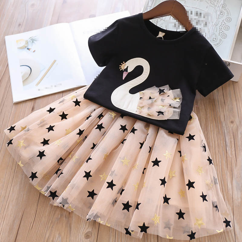 Girls Summer Suit Princess Dress Cotton Swan Mesh Skirt For Baby Girls