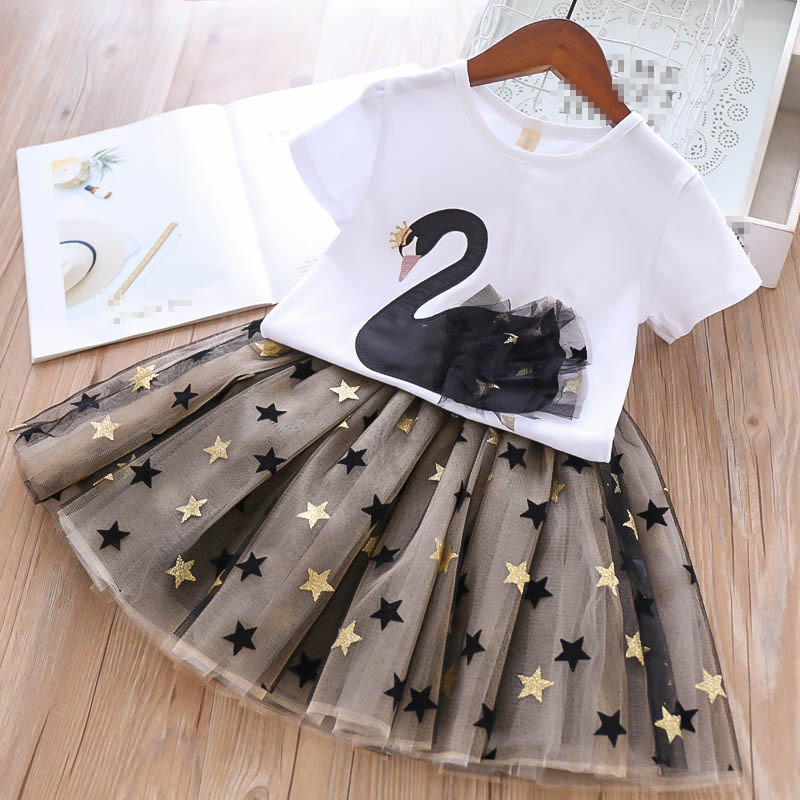Girls Summer Suit Princess Dress Cotton Swan Mesh Skirt For Baby Girls