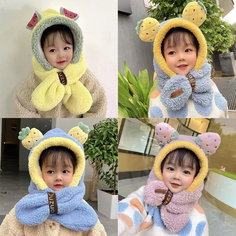 Cartoon Fruit Decoration Ear Fleece Plush Hat Scarf 2 in 1 Set Girls Boys Winter Cute Warm Long Hoodie Ear Flap Hat
