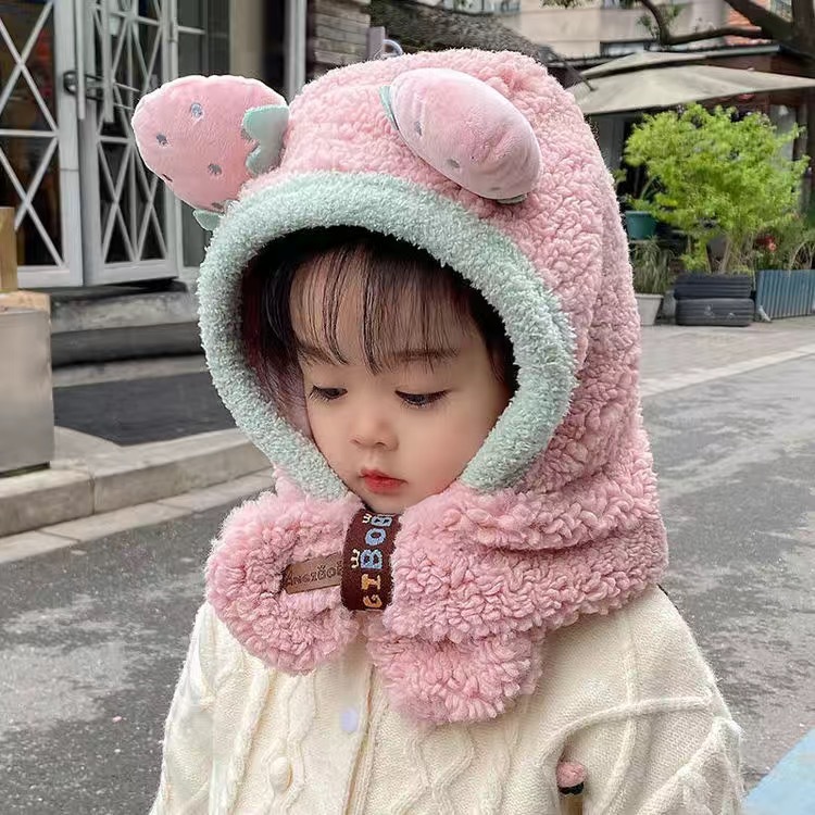 Cartoon Fruit Decoration Ear Fleece Plush Hat Scarf 2 in 1 Set Girls Boys Winter Cute Warm Long Hoodie Ear Flap Hat
