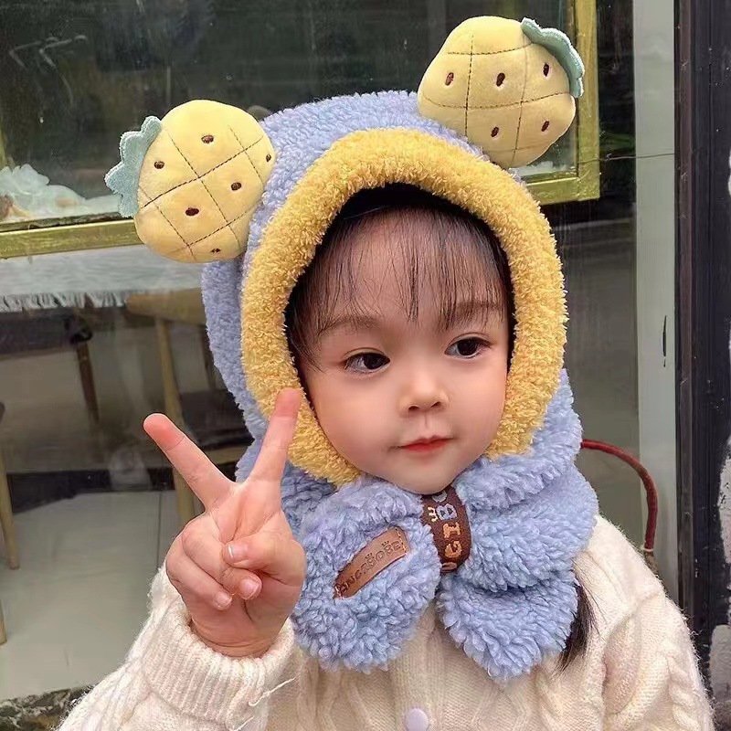 Cartoon Fruit Decoration Ear Fleece Plush Hat Scarf 2 in 1 Set Girls Boys Winter Cute Warm Long Hoodie Ear Flap Hat