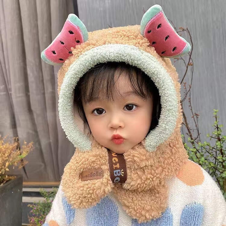 Cartoon Fruit Decoration Ear Fleece Plush Hat Scarf 2 in 1 Set Girls Boys Winter Cute Warm Long Hoodie Ear Flap Hat