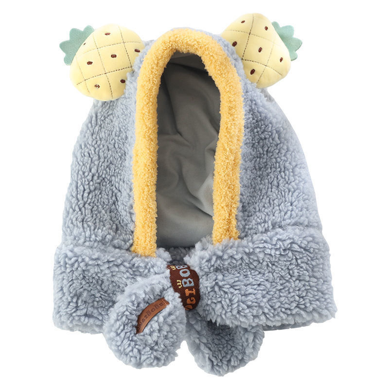 Cartoon Fruit Decoration Ear Fleece Plush Hat Scarf 2 in 1 Set Girls Boys Winter Cute Warm Long Hoodie Ear Flap Hat