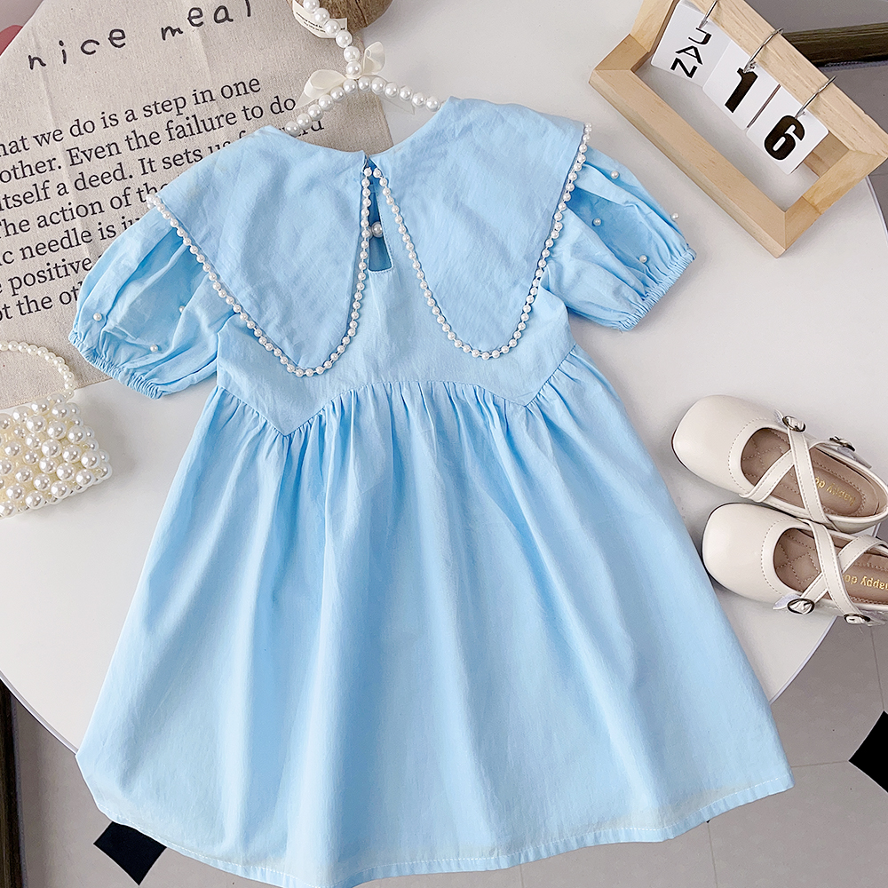 Bear Leader Korean Style Girls Summer Princess Dress Refreshingly Solid Blue Lapel Bow Pearl Edge Baby Girl Dresses