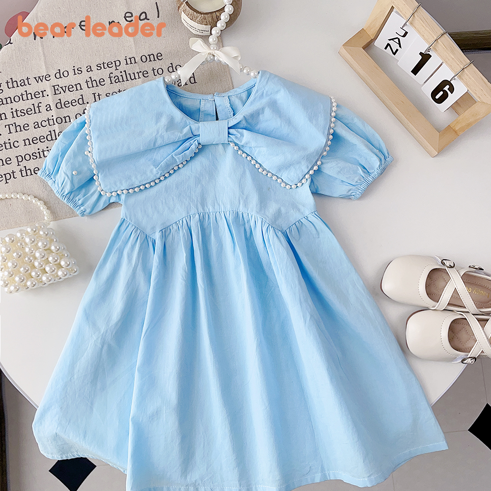 Bear Leader Korean Style Girls Summer Princess Dress Refreshingly Solid Blue Lapel Bow Pearl Edge Baby Girl Dresses