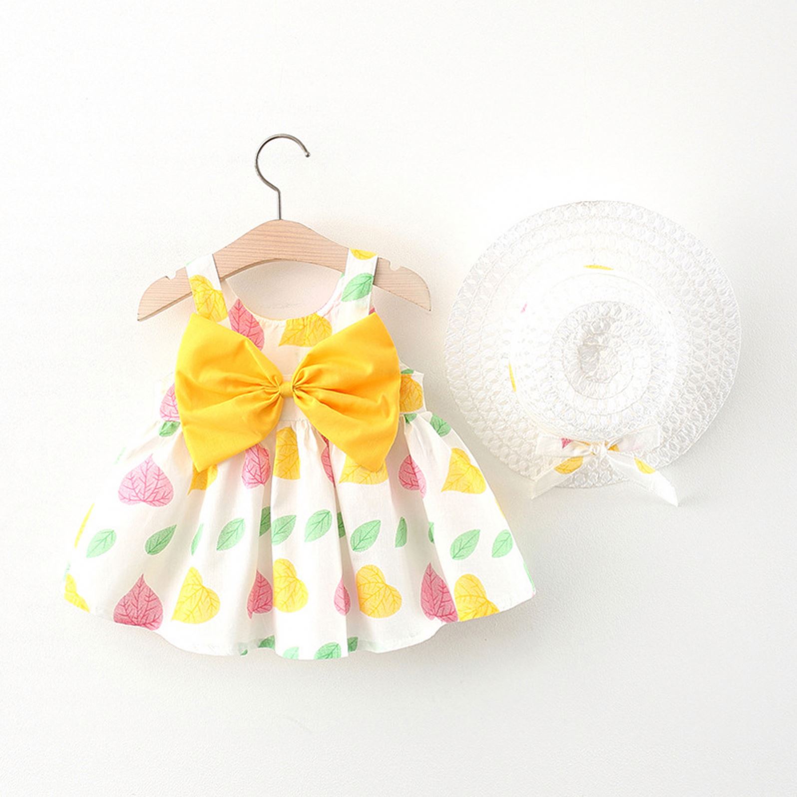 Summer Girls Big Bow Sleeveless A-Line Cotton Infant Toddlers Clothing Girls Dresses with Hat
