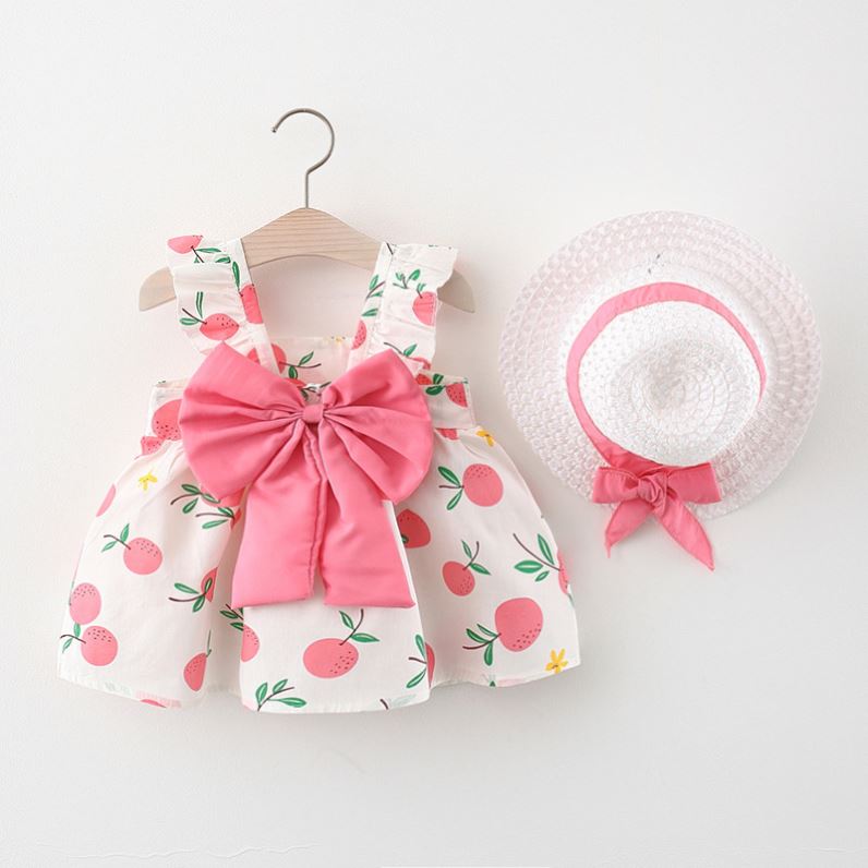 Summer Girls Big Bow Sleeveless A-Line Cotton Infant Toddlers Clothing Girls Dresses with Hat