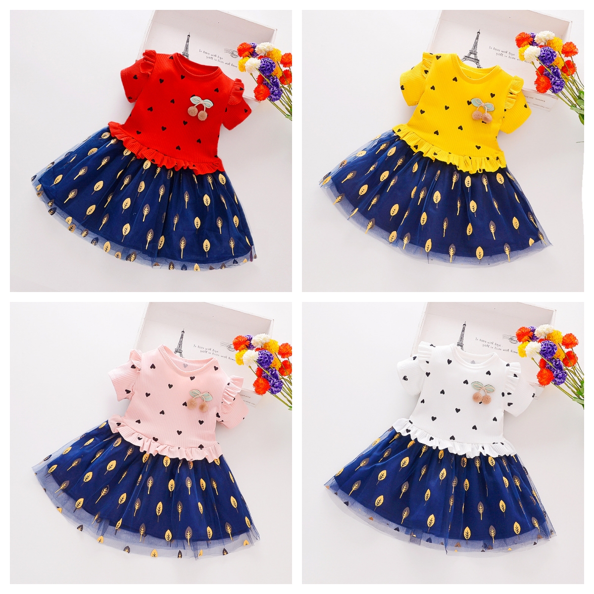 New Arrival Summer Kids And Girls 4 Different Design  Children And Toddler Short-sleeved Knee Length