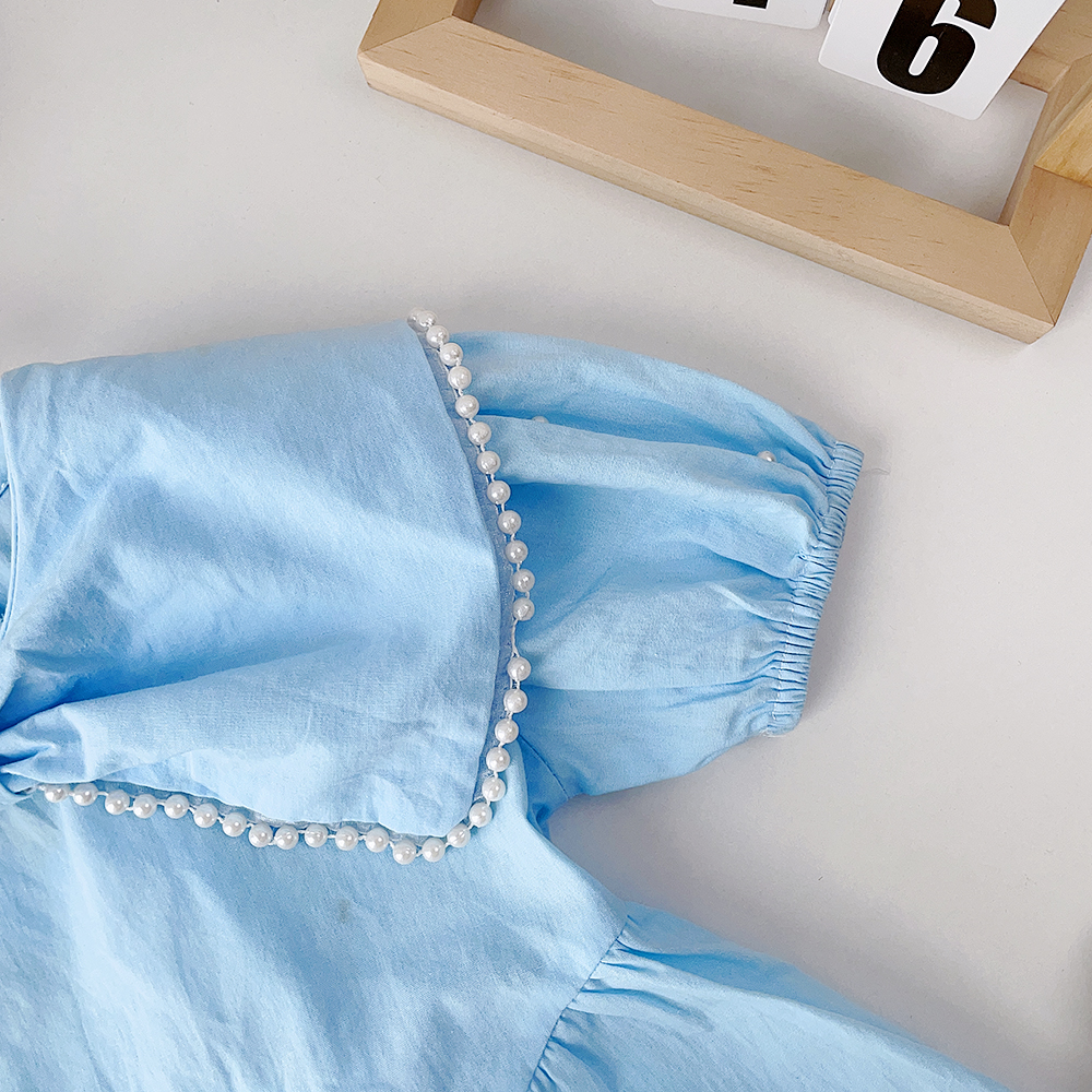 Bear Leader Korean Style Girls Summer Princess Dress Refreshingly Solid Blue Lapel Bow Pearl Edge Baby Girl Dresses