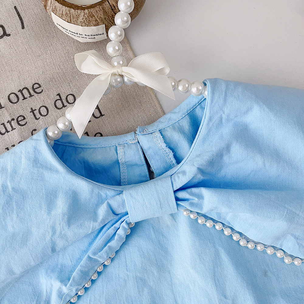 Bear Leader Korean Style Girls Summer Princess Dress Refreshingly Solid Blue Lapel Bow Pearl Edge Baby Girl Dresses