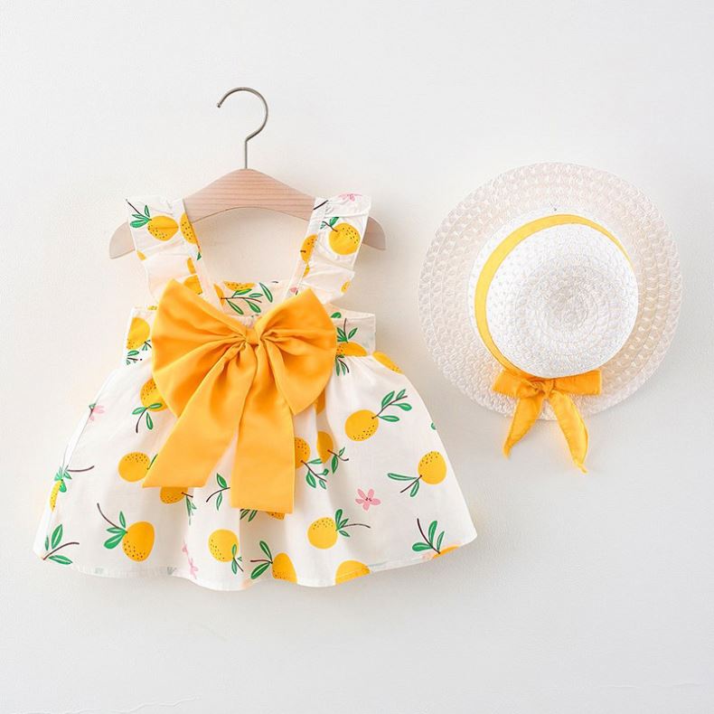 Summer Girls Big Bow Sleeveless A-Line Cotton Infant Toddlers Clothing Girls Dresses with Hat