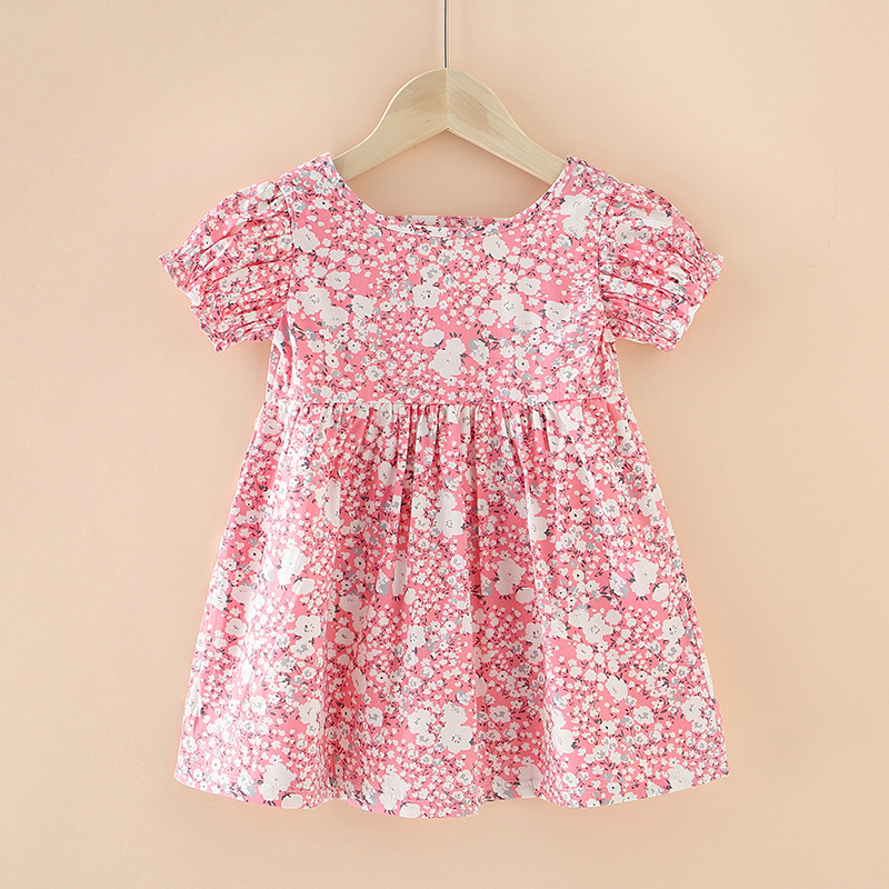  Little Girl Sweet Clothing Dress O-Neck Short Cuffs Sleeve Floral Casual Dress 