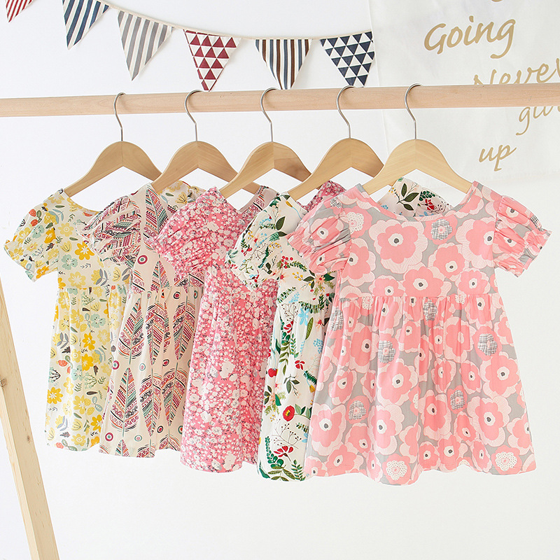  Little Girl Sweet Clothing Dress O-Neck Short Cuffs Sleeve Floral Casual Dress 