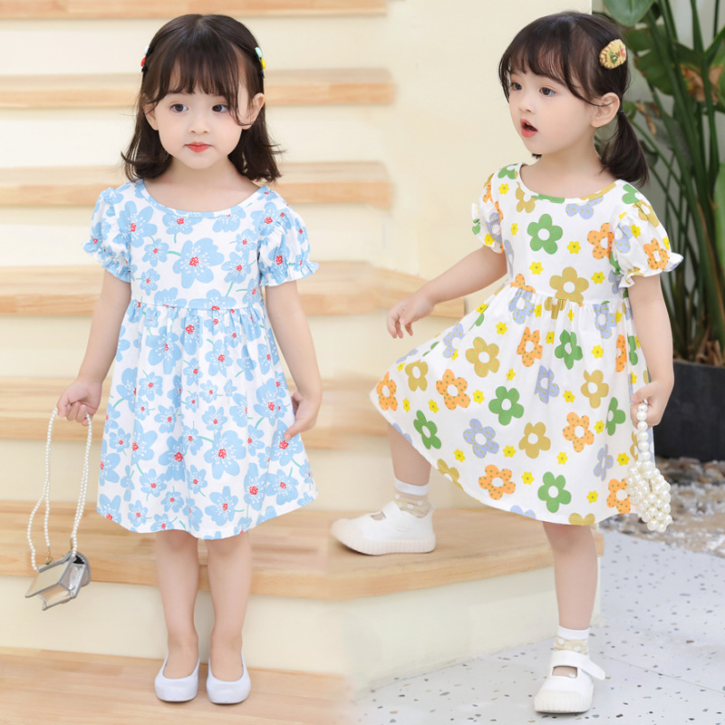  Little Girl Sweet Clothing Dress O-Neck Short Cuffs Sleeve Floral Casual Dress 