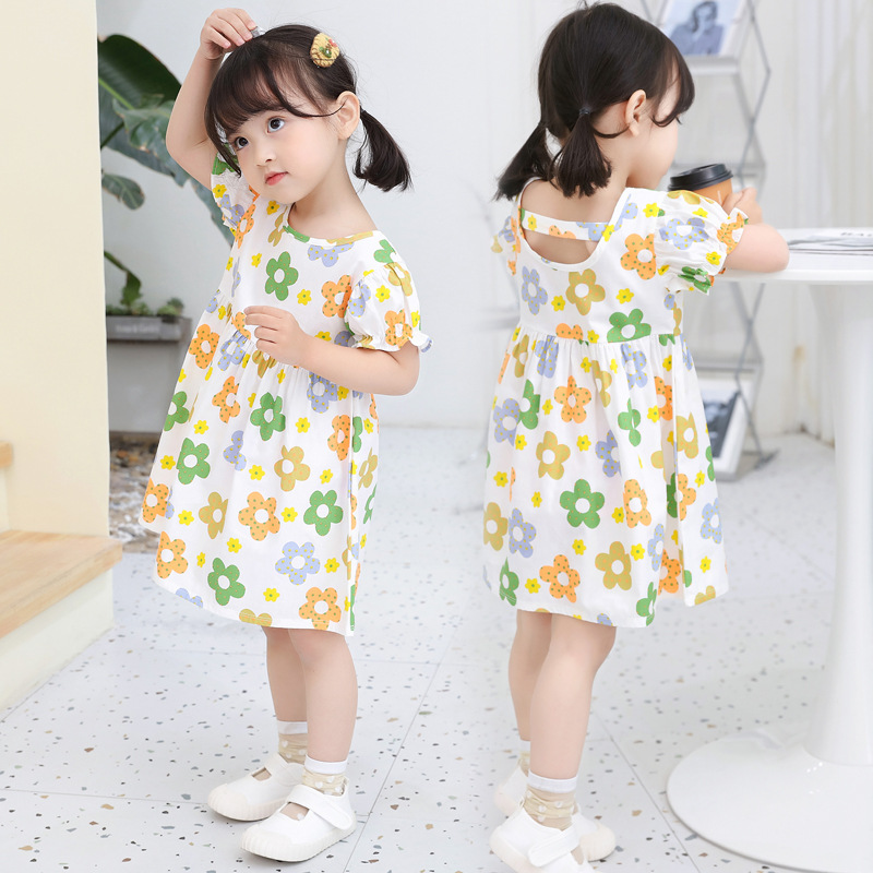  Little Girl Sweet Clothing Dress O-Neck Short Cuffs Sleeve Floral Casual Dress 