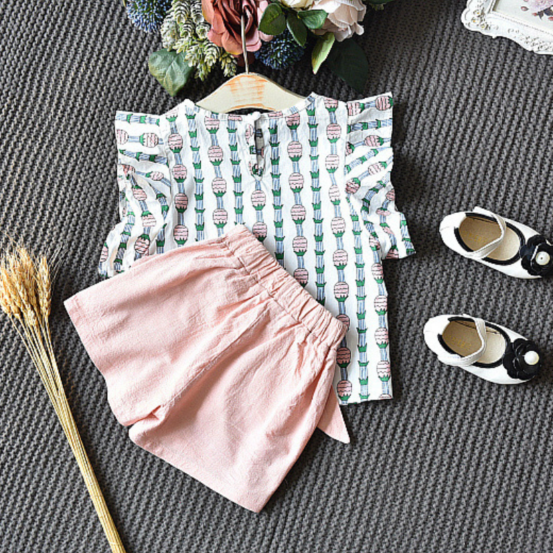 Girls Clothing Sets Summer Kids Clothes Floral Chiffon Halter+Embroidered Shorts Straw Children Clothing