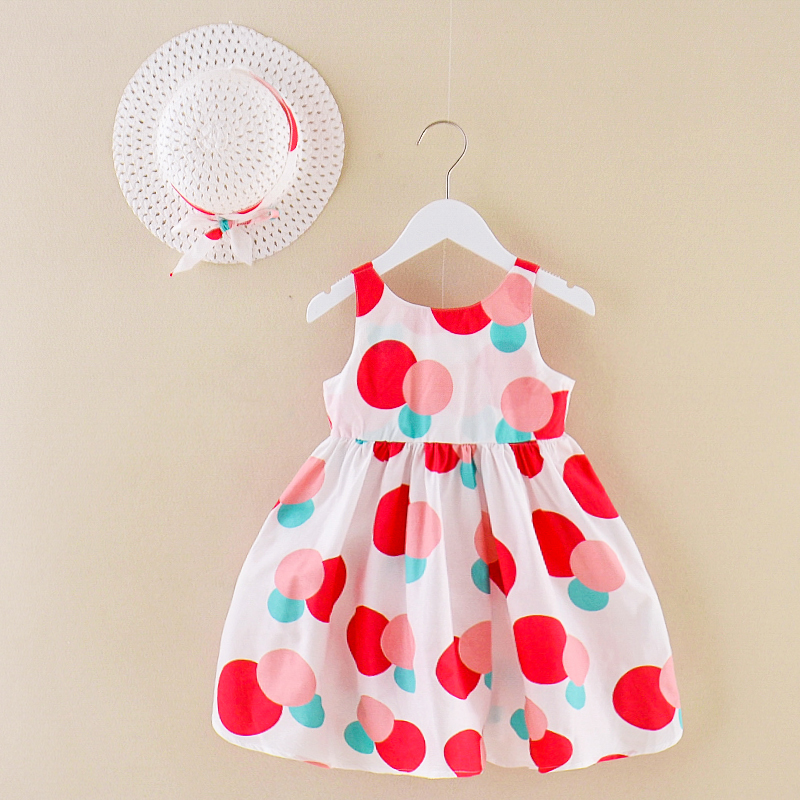 Little Girl Cute Dot Cotton Printing for Summer Casual Day Dress with Straw Hat 2pcs Sets Birthday Party Dress