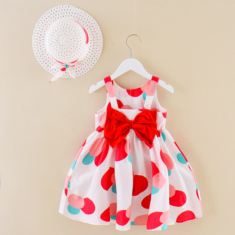 Little Girl Cute Dot Cotton Printing for Summer Casual Day Dress with Straw Hat 2pcs Sets Birthday Party Dress