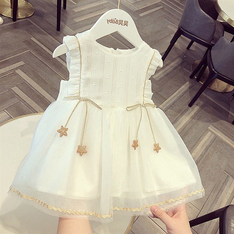 Little Girl Chiffon Fluffy Mesh Princess Skirt Luxury Star Pendant Pink Dress