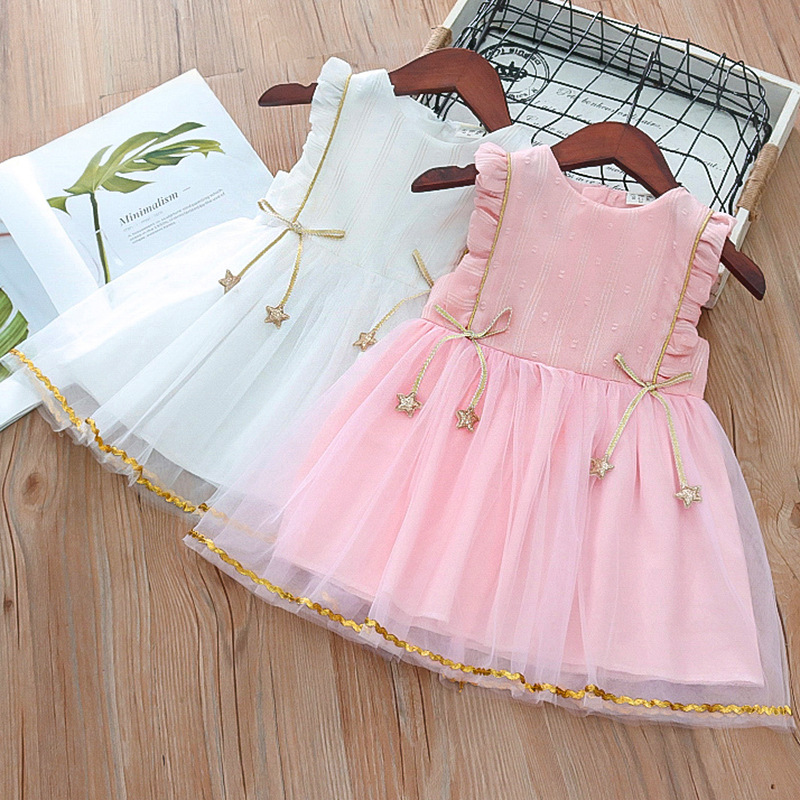 Little Girl Chiffon Fluffy Mesh Princess Skirt Luxury Star Pendant Pink Dress