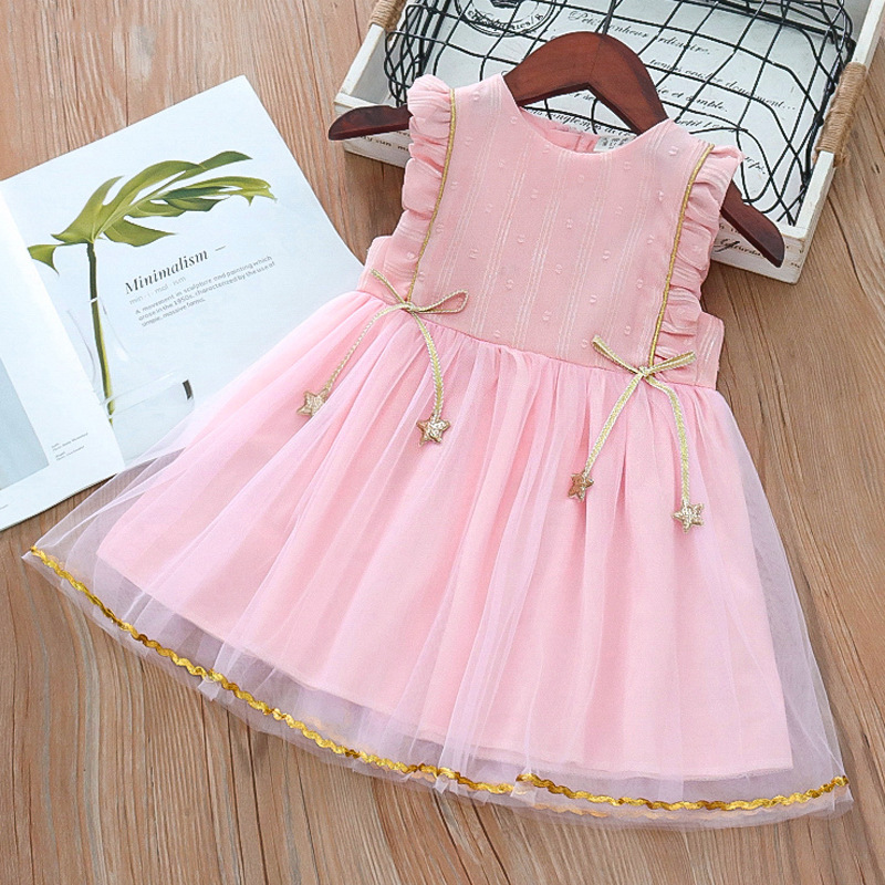 Little Girl Chiffon Fluffy Mesh Princess Skirt Luxury Star Pendant Pink Dress