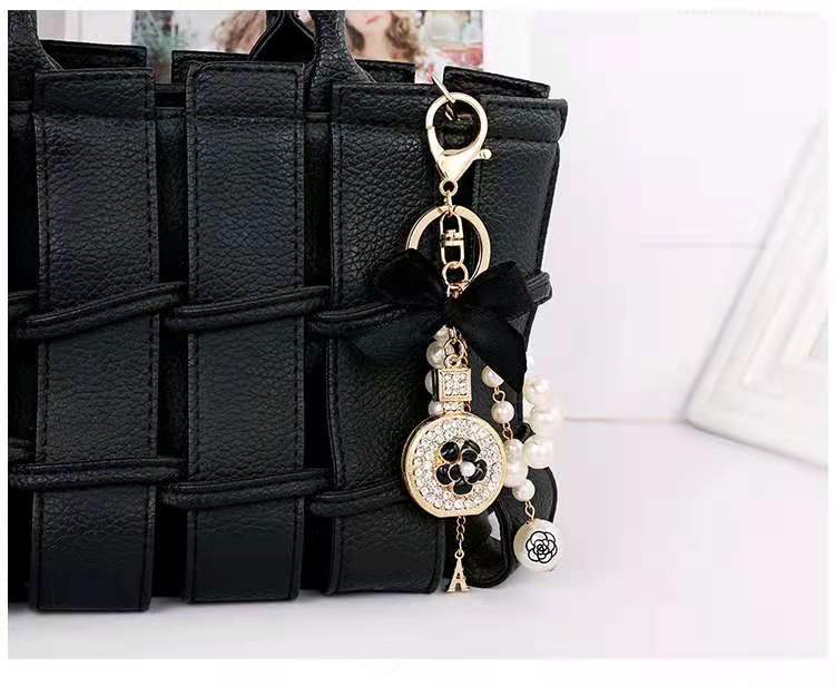 New Designer Perfume Bottle Bow Key Chain with Rhinestone Bling Beauty Inspired Keychain Accessory ﻿