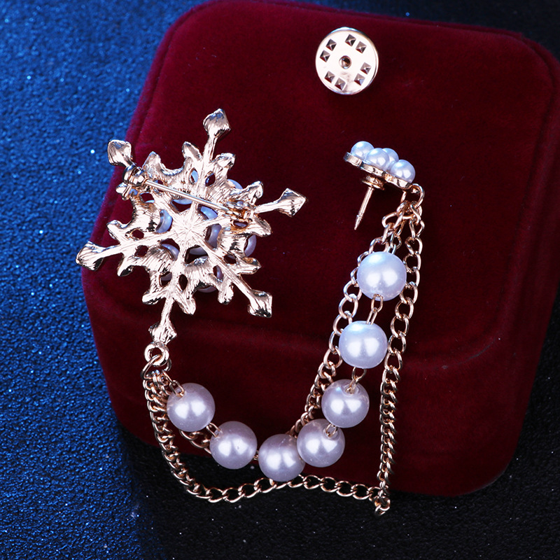 New diamond pearl snowflake tassel brooch women's chain snowflake brooch