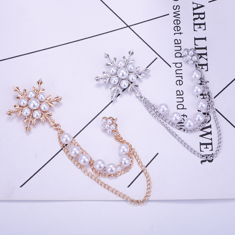 New diamond pearl snowflake tassel brooch women's chain snowflake brooch