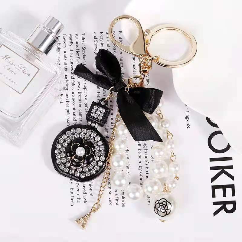 New Designer Perfume Bottle Bow Key Chain with Rhinestone Bling Beauty Inspired Keychain Accessory ﻿