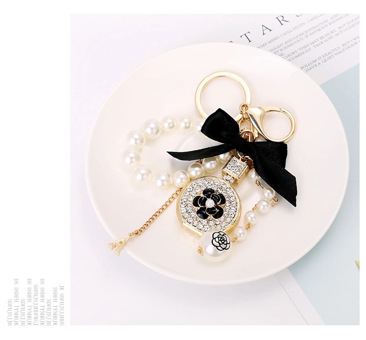 New Designer Perfume Bottle Bow Key Chain with Rhinestone Bling Beauty Inspired Keychain Accessory ﻿