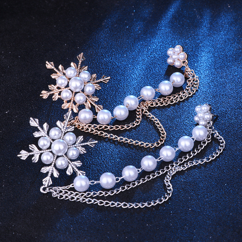 New diamond pearl snowflake tassel brooch women's chain snowflake brooch
