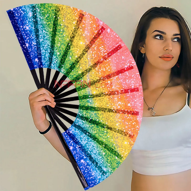 Personalised  Printed 13'' Large Bamboo Wooden Folding Clack Hand Fan  for Women Man Festival Parties Rave Acc