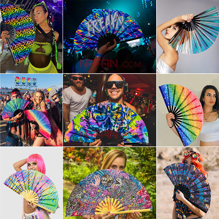 Personalised  Printed 13'' Large Bamboo Wooden Folding Clack Hand Fan  for Women Man Festival Parties Rave Acc