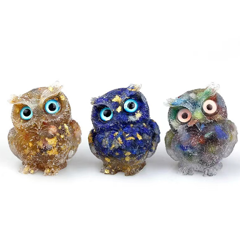 New Arrival Natural Gemstone Hand Carved Crystal Resin Animal Owls Decor Reiki Resin Crystal Owl