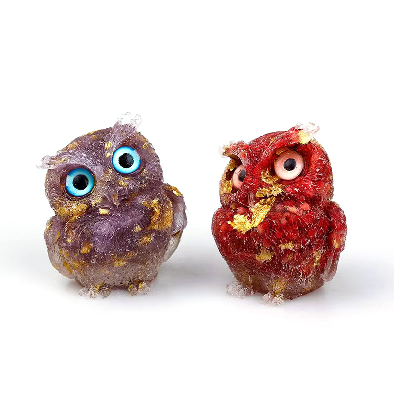 New Arrival Natural Gemstone Hand Carved Crystal Resin Animal Owls Decor Reiki Resin Crystal Owl