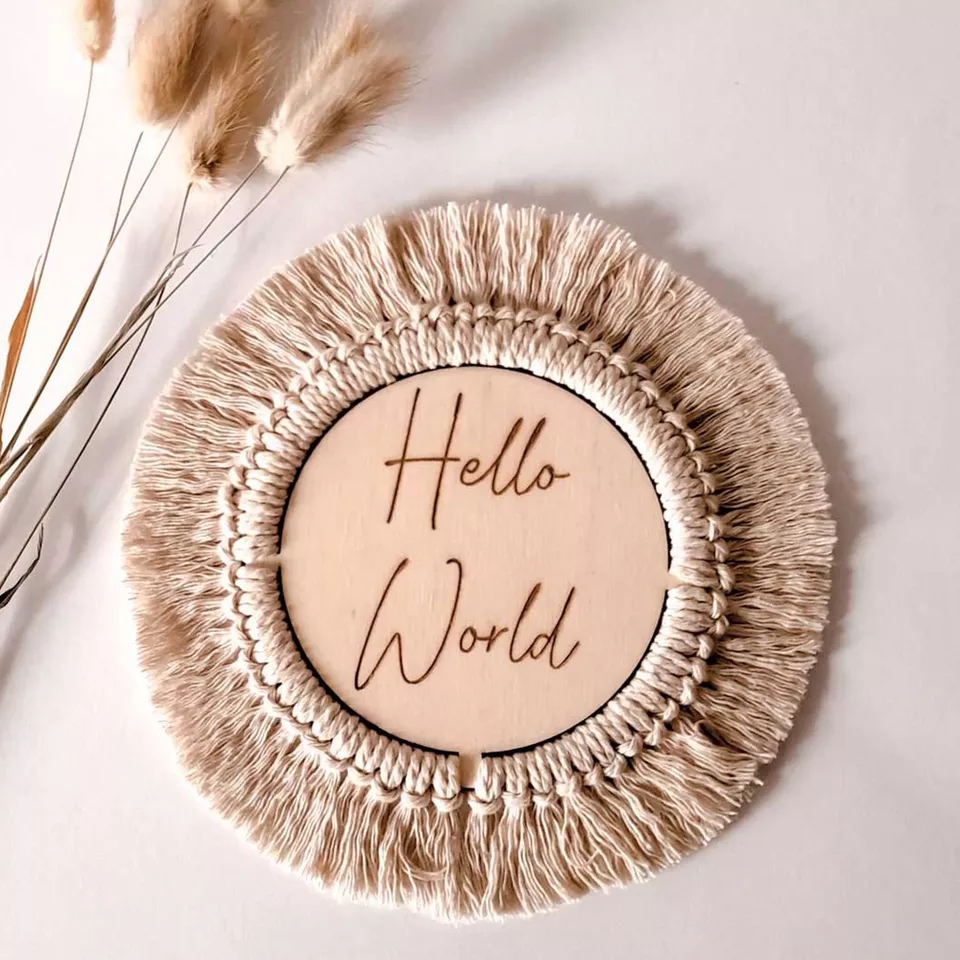  Birth Announcement Cards Wooden Milestone Discs Monthly Milestone Cards Macrame Fringe Boho Baby Wood Decoration 