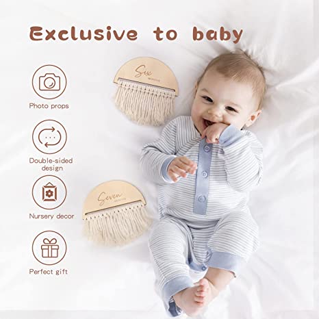  Birth Announcement Cards Wooden Milestone Discs Monthly Milestone Cards Macrame Fringe Boho Baby Wood Decoration 