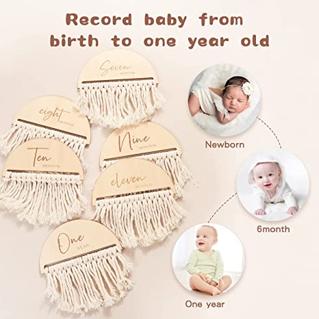  Birth Announcement Cards Wooden Milestone Discs Monthly Milestone Cards Macrame Fringe Boho Baby Wood Decoration 
