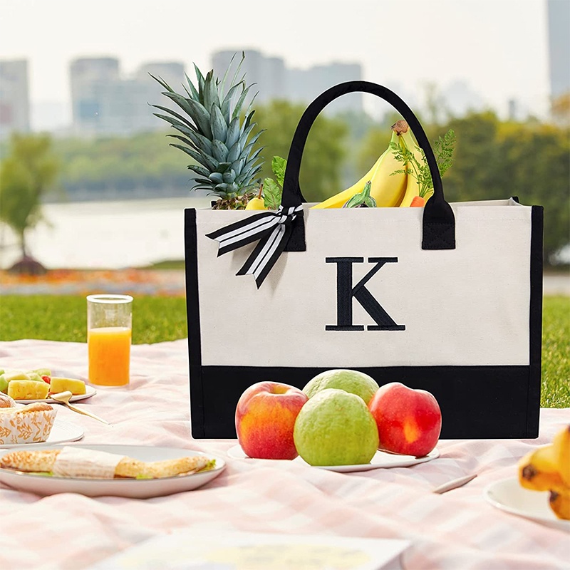 Personalized Initial Canvas Tote Bag Beach Bag Monogrammed Gift Tote Bag for Women