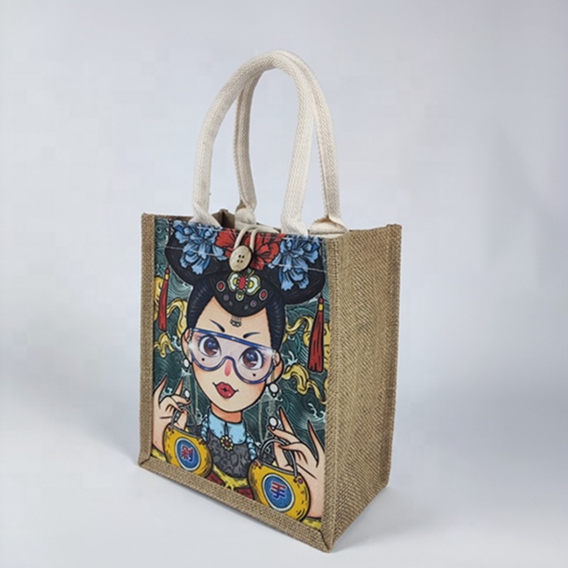 New Trend Tote Bag  With Button With Cotton  Jute Gift Packing Bag With   Natural Burlap Jute Bag