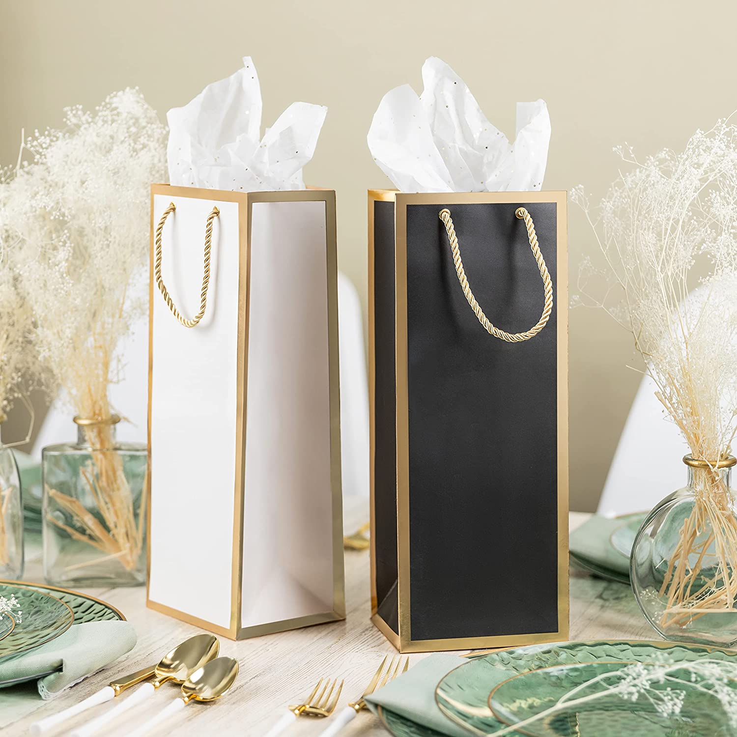 Wine Bags - Wine Gift Bag 12 Pack - Gold Foil Christmas Wine Bags with Rope Handles