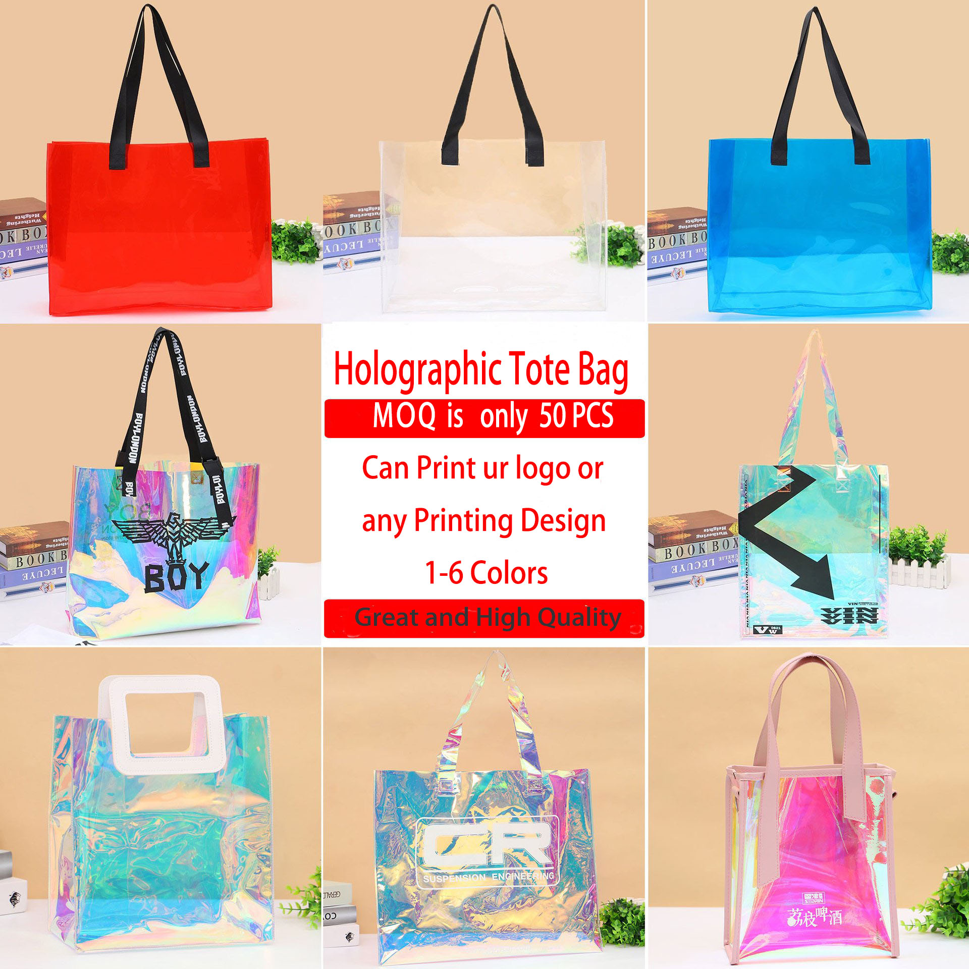Hot Sale ized &size clear transparent holographic PVC Gift iridescent tote Cosmetic Bag Hologram TPU Laser Handle Ba