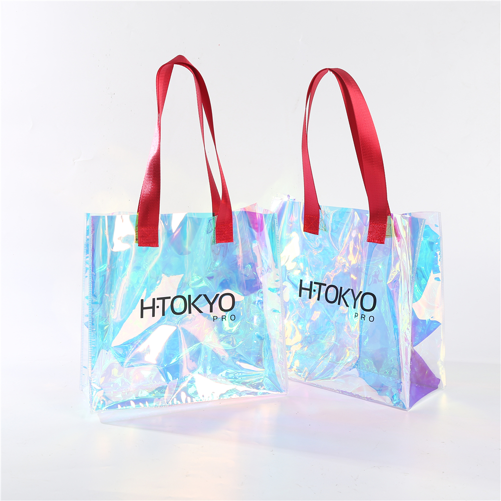 Hot Sale ized &size clear transparent holographic PVC Gift iridescent tote Cosmetic Bag Hologram TPU Laser Handle Ba