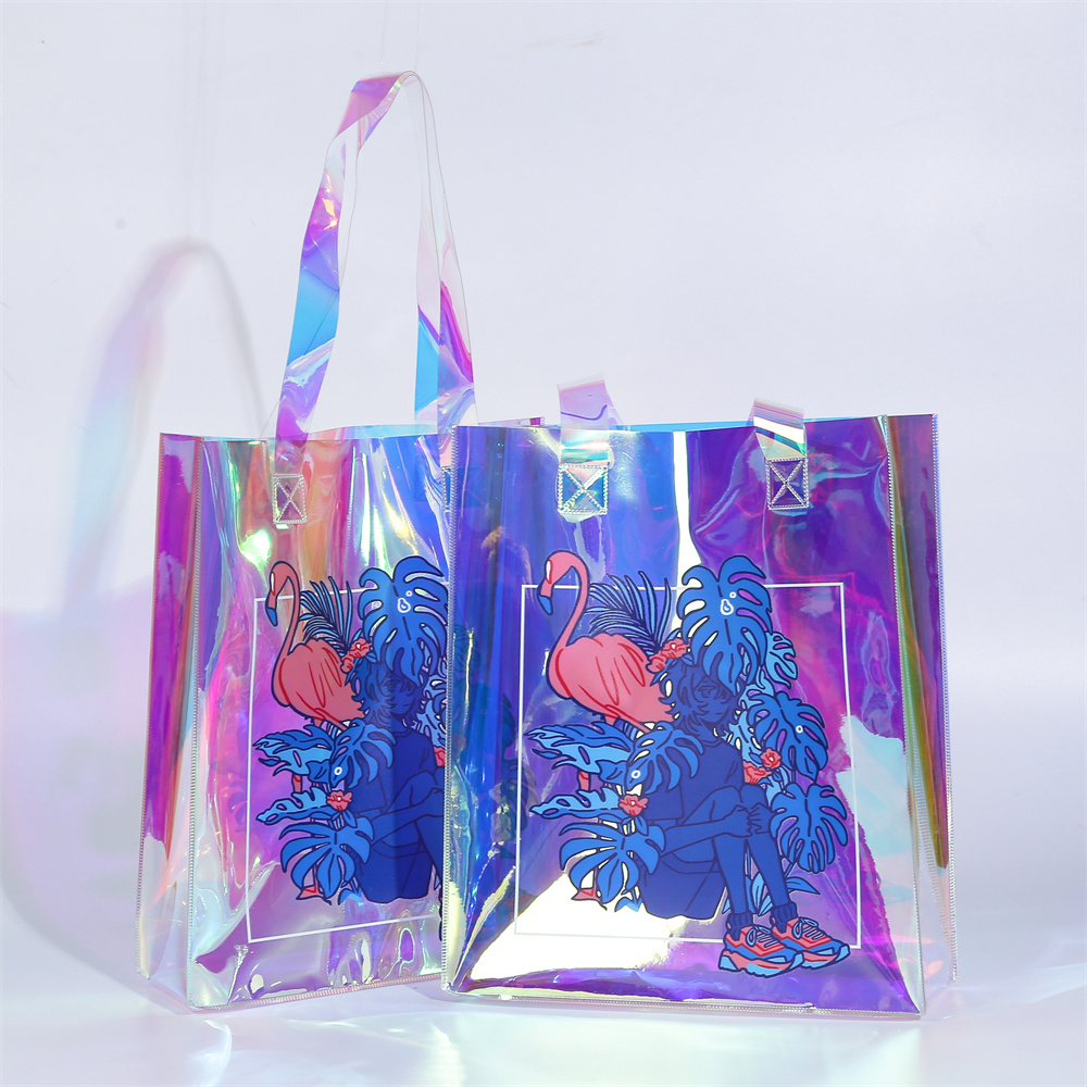 Hot Sale ized &size clear transparent holographic PVC Gift iridescent tote Cosmetic Bag Hologram TPU Laser Handle Ba