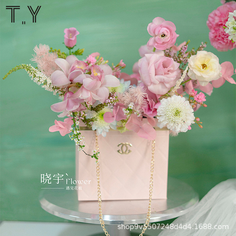 2pcs New folding environmental protection flower carrier bag gold chain flower bouquet packaging bag rose Gift Box