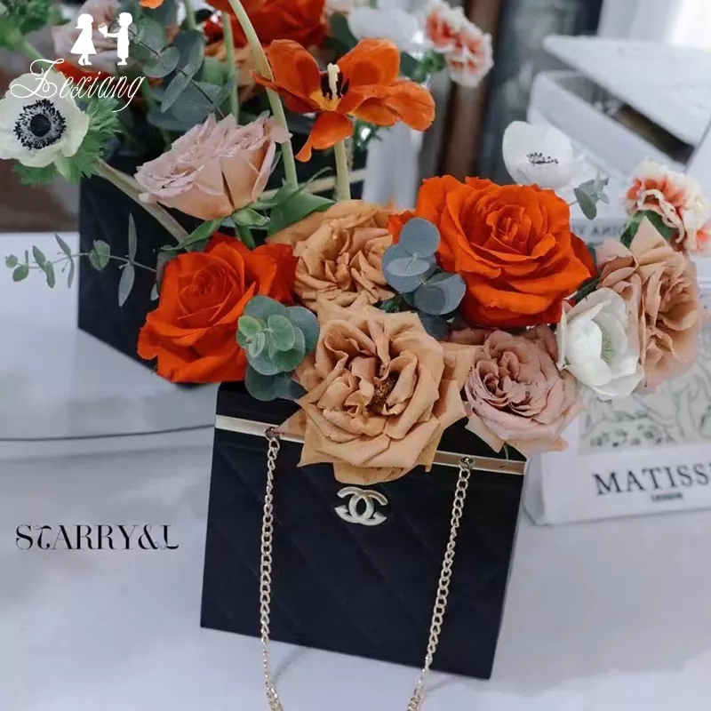 2pcs New folding environmental protection flower carrier bag gold chain flower bouquet packaging bag rose Gift Box