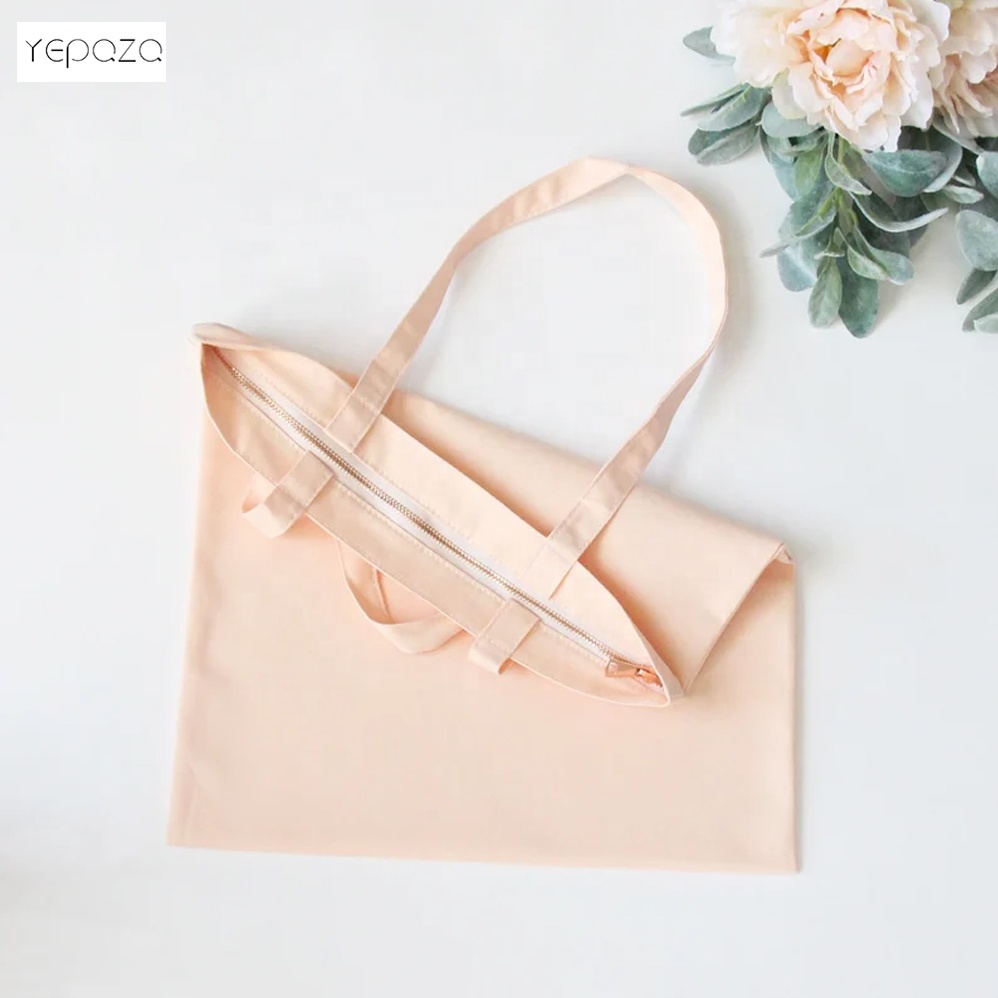 Pretty beautiful bridesmaid wedding gift pouch rose gold zipper closure the light pink cotton tote bag with  gold 